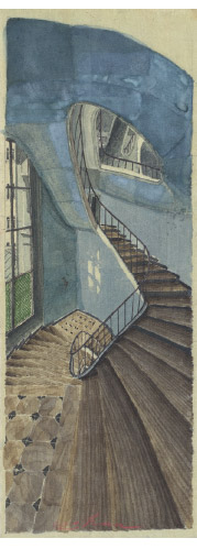 Escaliers, aquarelle sur soie signée Sam Szafran