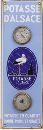 Thermomètre baromètre Potasse d’Alsace en tôle émaillée